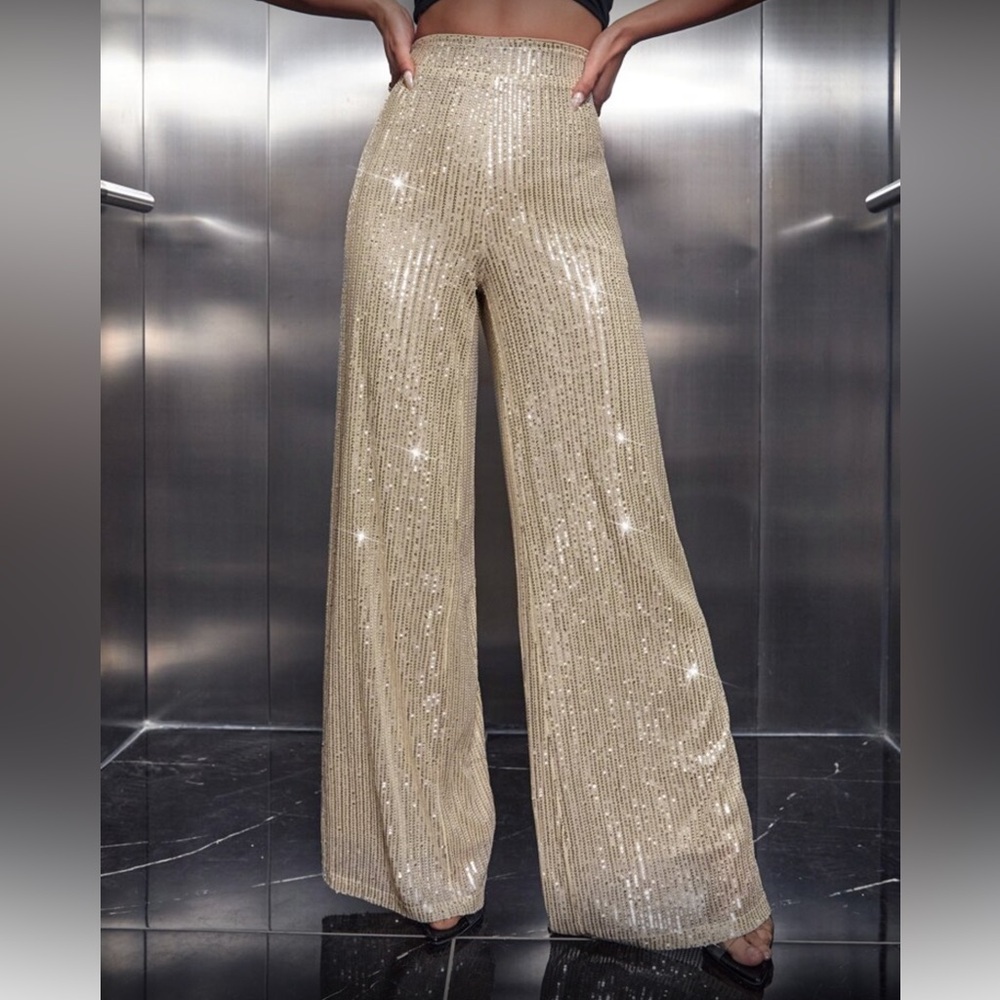 Elegant Gold Sequins Wide-Leg Pleated Pants